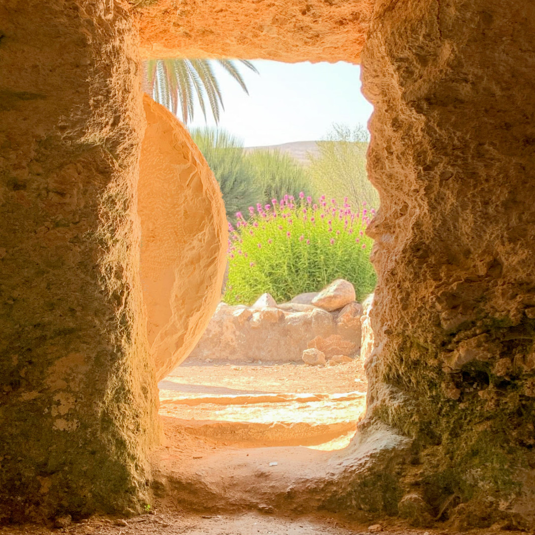 A light-filled illustration representing the hope of the empty tomb
